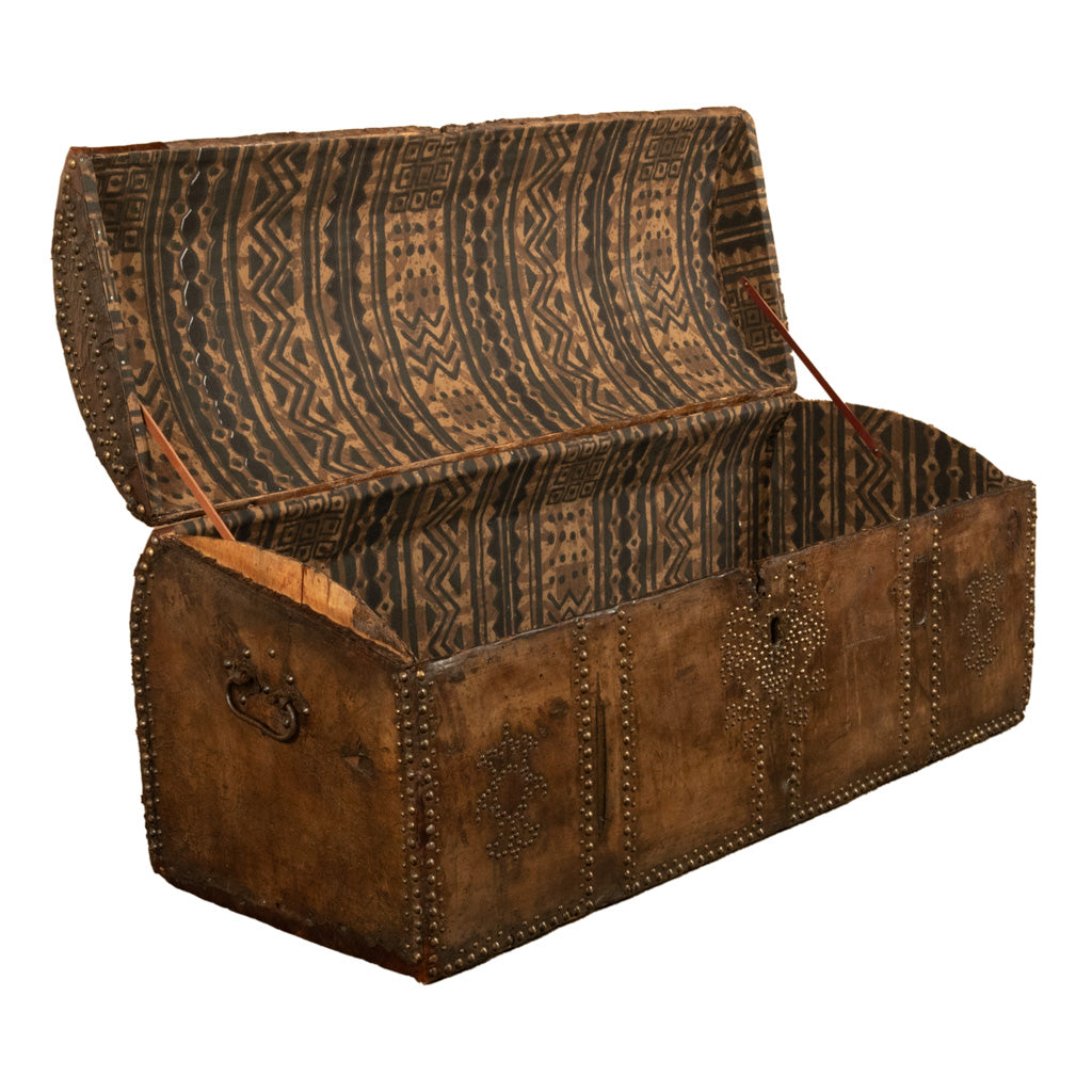 Antique 17th Century Italian Leather and Pine & Brass Stud Work Carriage Chest Trunk 1680