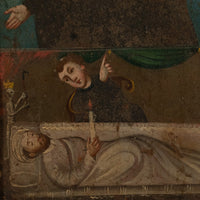 Antique 18thC Spanish Colonial Icon Painting Retablo St. Camillus & Christ 1760