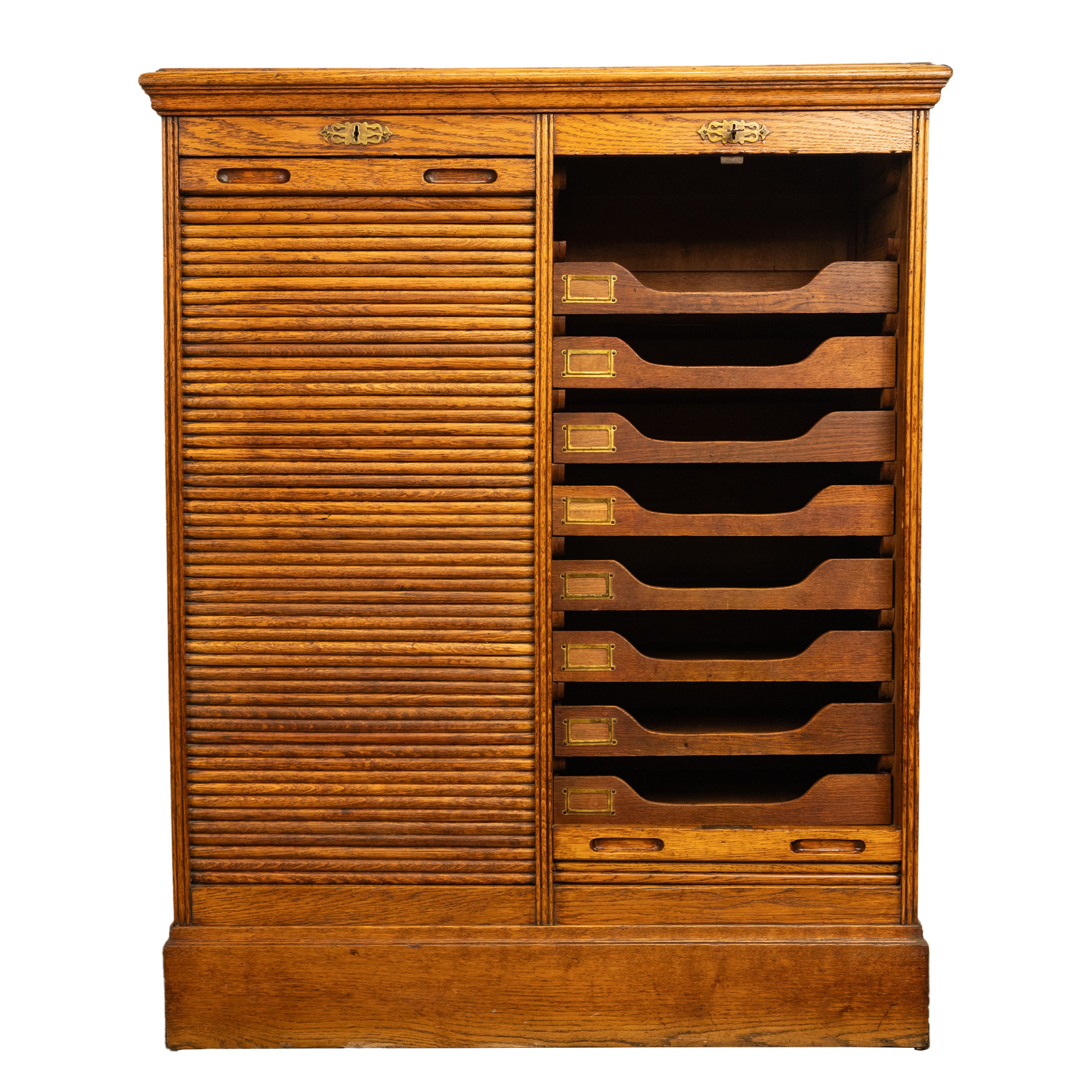 Antique American Oak Double Tambour Roll Top 16 Drawer Filing