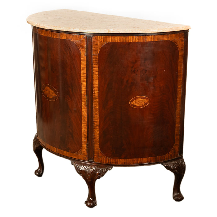 Antique Mahogany Marble Top Demi-Lune Marquetry Inlaid Drinks Cabinet or Server, Circa 1900