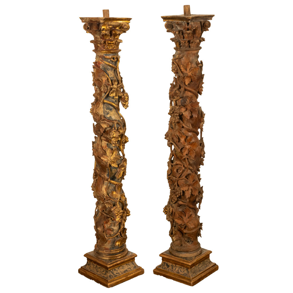 Antique Pair 17th Century Baroque Carved & Gilded Solomonic Columns Italy 1680