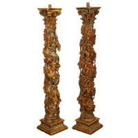 Antique Pair 17th Century Baroque Carved & Gilded Solomonic Columns Italy 1680