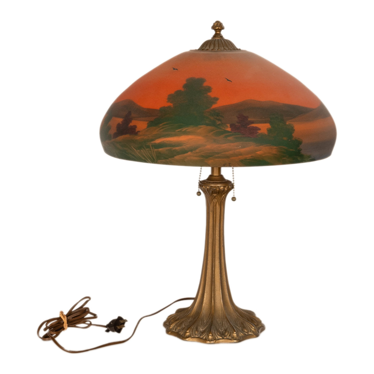 Antique American Pittsburgh Reverse Painted Glass Bronze Table Lamp Signed 1920