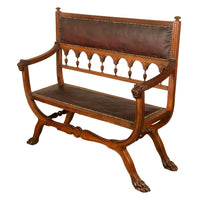 Antique Renaissance Revival Carved Walnut & Leather Hall Window Bench Italy 1880