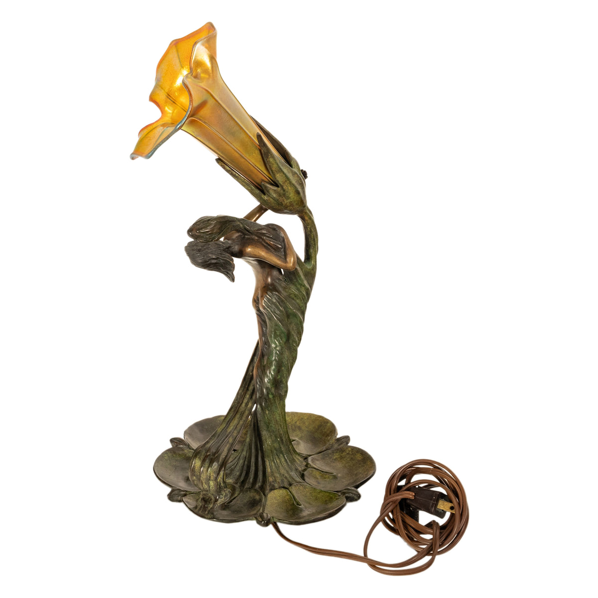 Antique Art Nouveau Austrian Bronze Figural Lamp Loetz Glass Gustav Gurschner, 1905