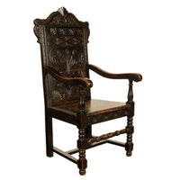 Antique 17th Century English Charles II Oak Carved Wainscot Armchair 1680