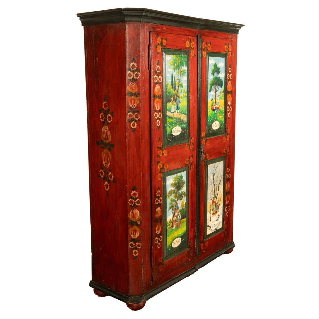 Antique 19th Century German Painted Cabinet Wedding Armoire "Four Seasons" 1850