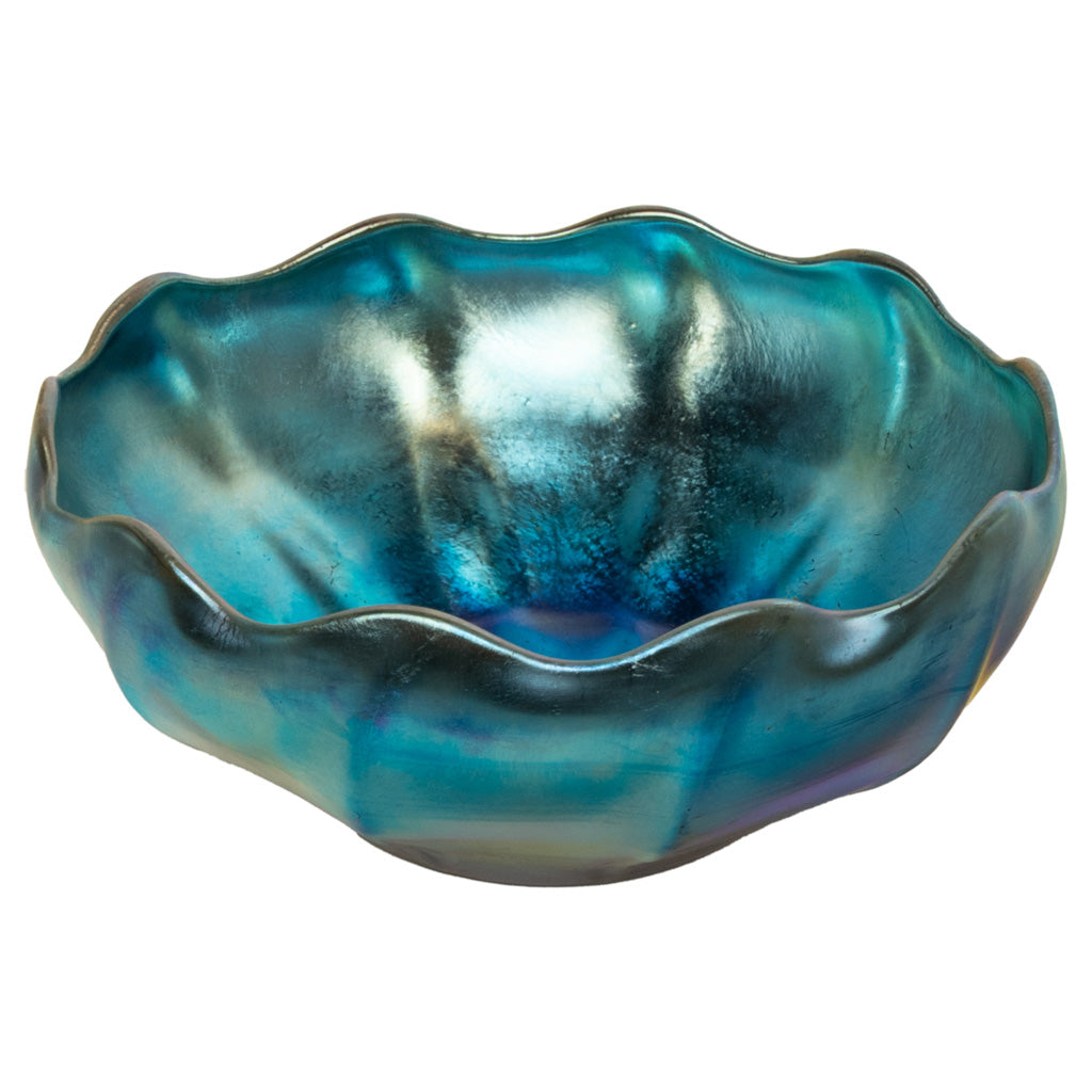 Antique Tiffany Studios Blue Iridescent Favrile Art Glass Bowl Signed "LCT" 1905