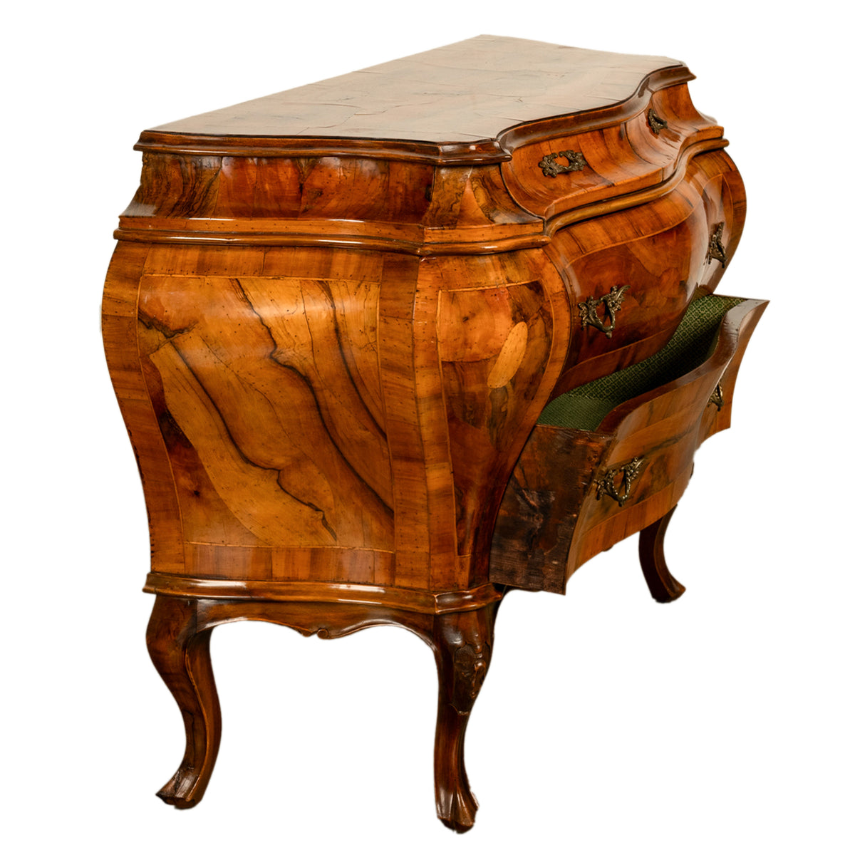 19th Century Italian Antique Inlaid Walnut Bombe Louis XV Venetian Commode 1880