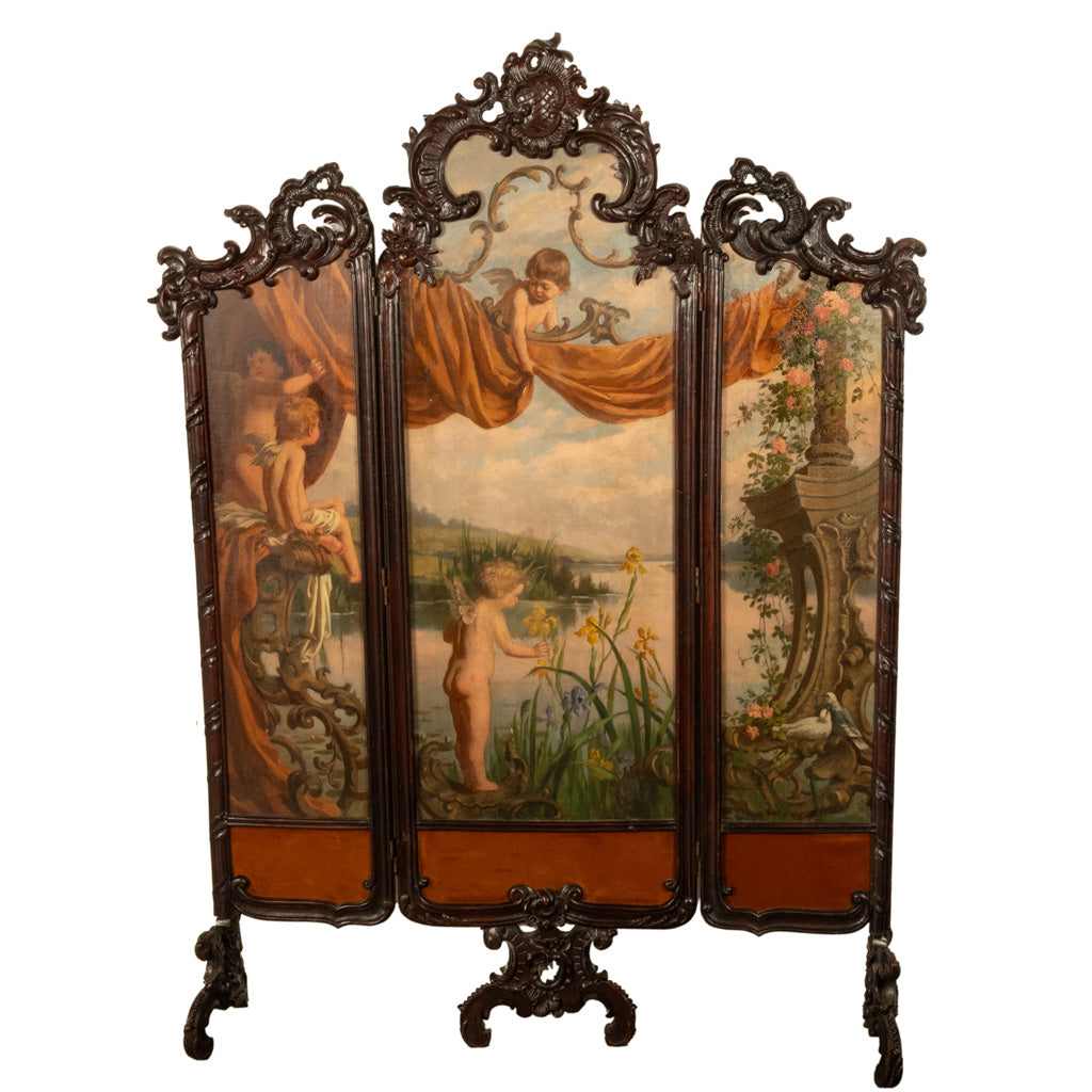 Antique French Rococo Oil Canvas Walnut Painting Landscape Cherubs Screen 1870