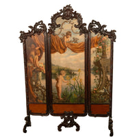 Antique French Rococo Oil Canvas Walnut Painting Landscape Cherubs Screen 1870