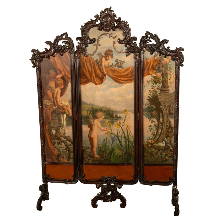 Antique French Rococo Oil Canvas Walnut Painting Landscape Cherubs Screen 1870