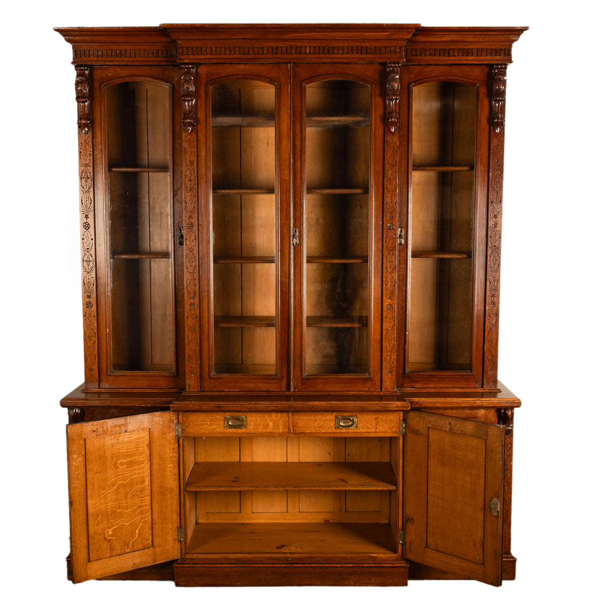 Antique Monumental Irish Carved Oak Breakfront Bookcase Library Bibliotheque circa 1860