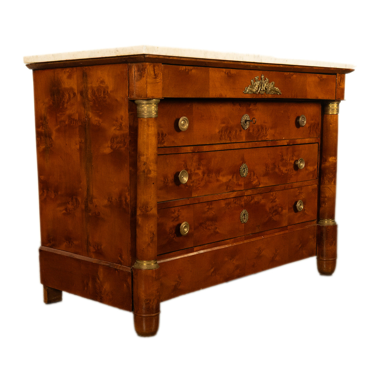 Antique 19th Century French Empire Burl Walnut Marble Ormolu Chest Drawers Commode 1810