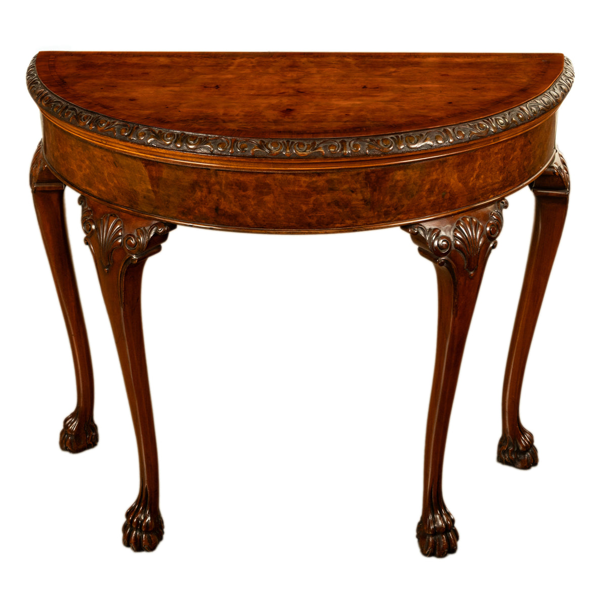 Antique Mahogany Carved Chippendale Demi-Lune Queen Anne Game Console Table 1900