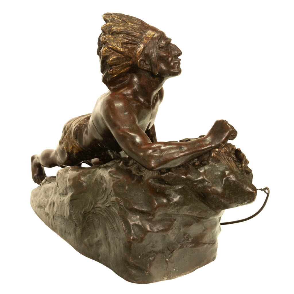 Antique French Art Deco Bronze Sculpture Native American Indian Hunter Scout by René-André Varnier, Circa 1920