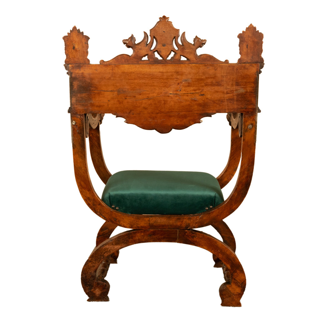 Antique Renaissance Revival Carved Walnut Green Man Savonarola Chair Circa 1890