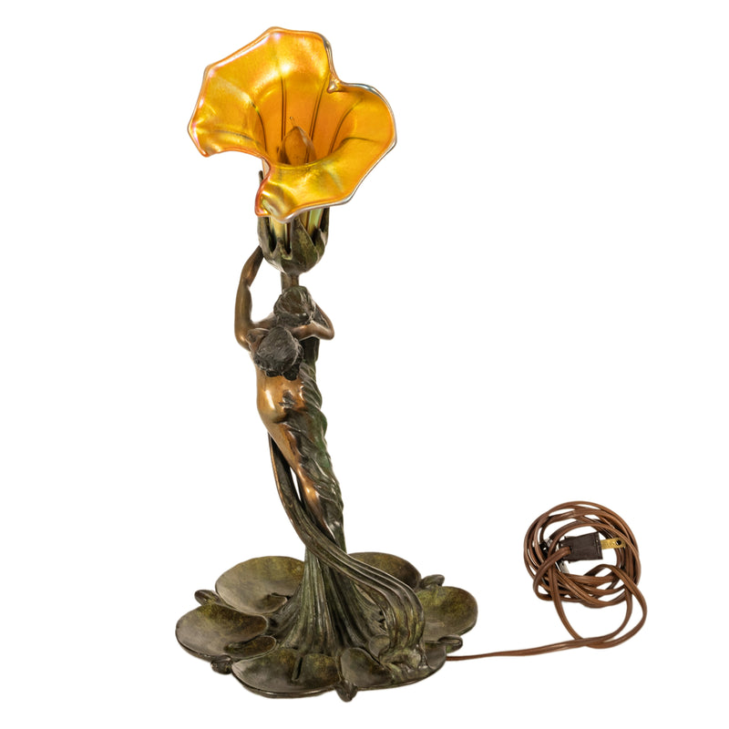Antique Art Nouveau Austrian Bronze Figural Lamp Loetz Glass Gustav Gurschner, 1905