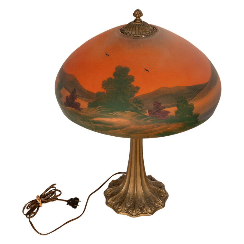 Antique American Pittsburgh Reverse Painted Glass Bronze Table Lamp Signed 1920