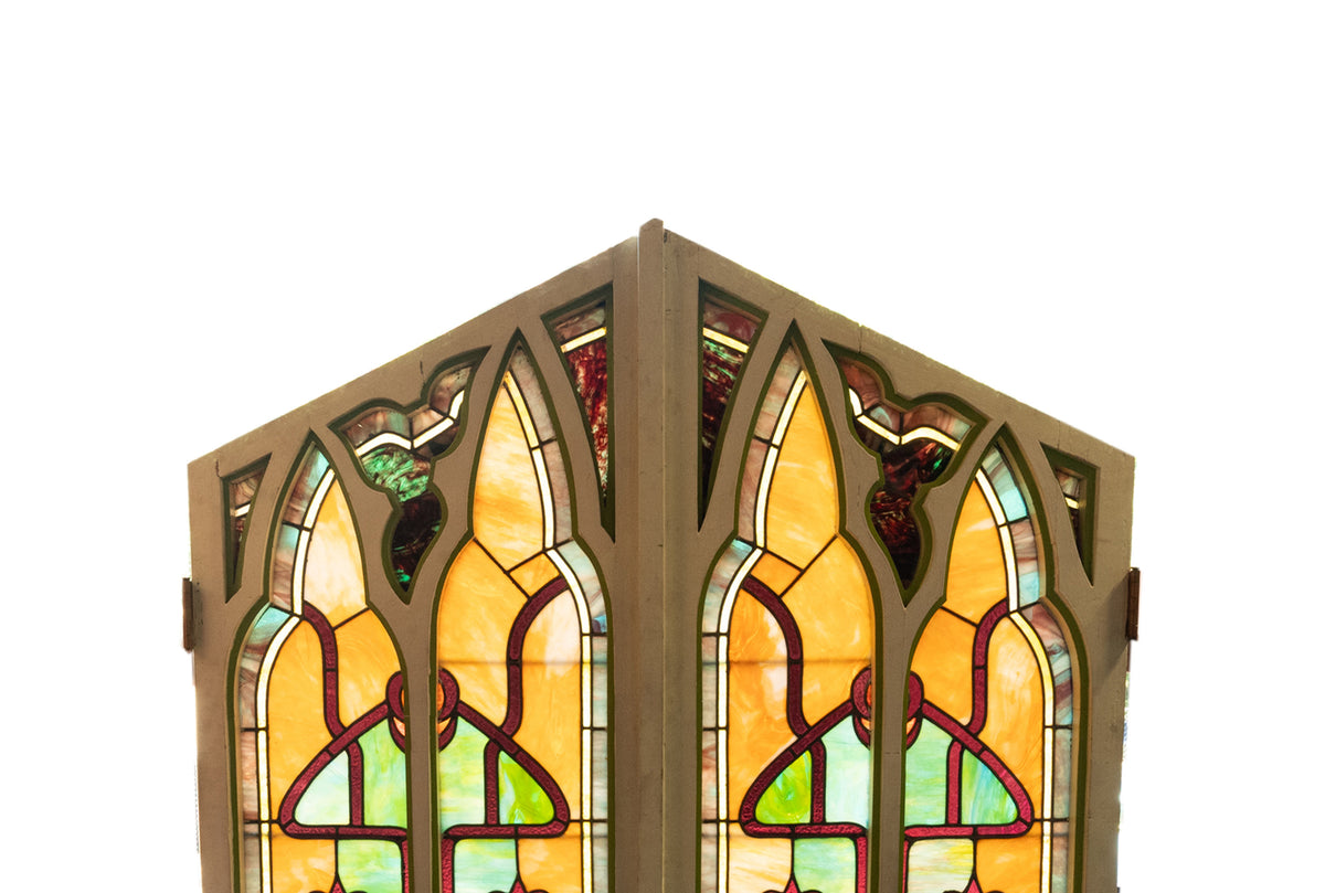 Pair Antique American Stained Glass Gothic Art Nouveau Doors Windows Povey Bros Circa 1900