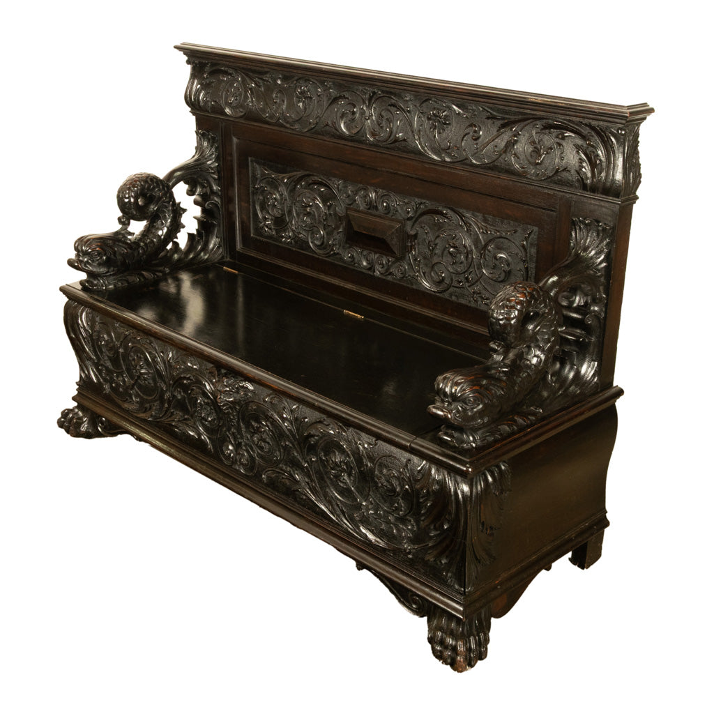 Antique Italian Renaissance Revival Carved Walnut Hall Bench Chest Dolphins 1870