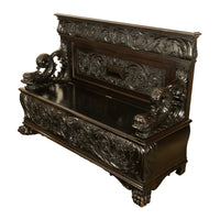 Antique Italian Renaissance Revival Carved Walnut Hall Bench Chest Dolphins 1870