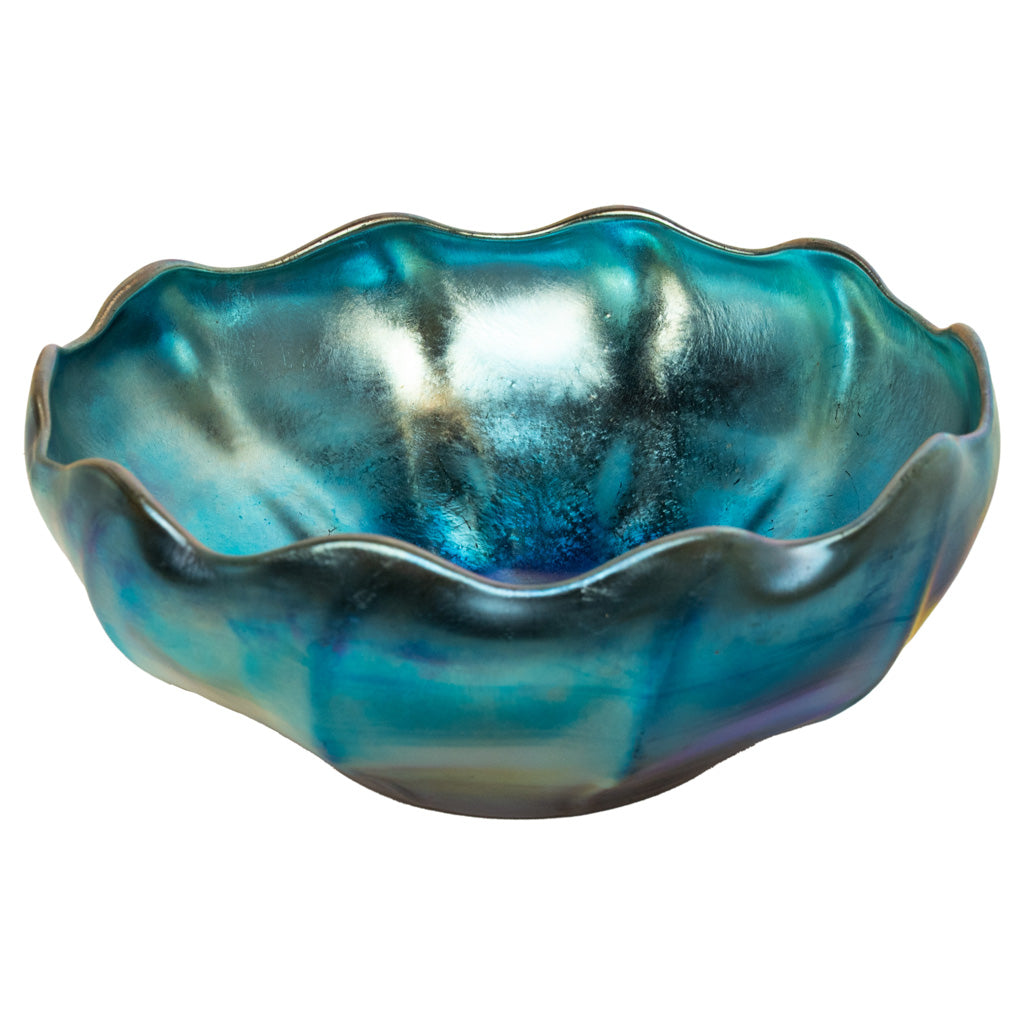 Antique Tiffany Studios Blue Iridescent Favrile Art Glass Bowl Signed "LCT" 1905
