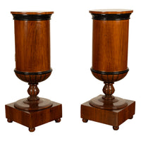 Pair Antique Austrian Walnut Biedermeier Drum Pedestal Cabinets Nightstands 1830