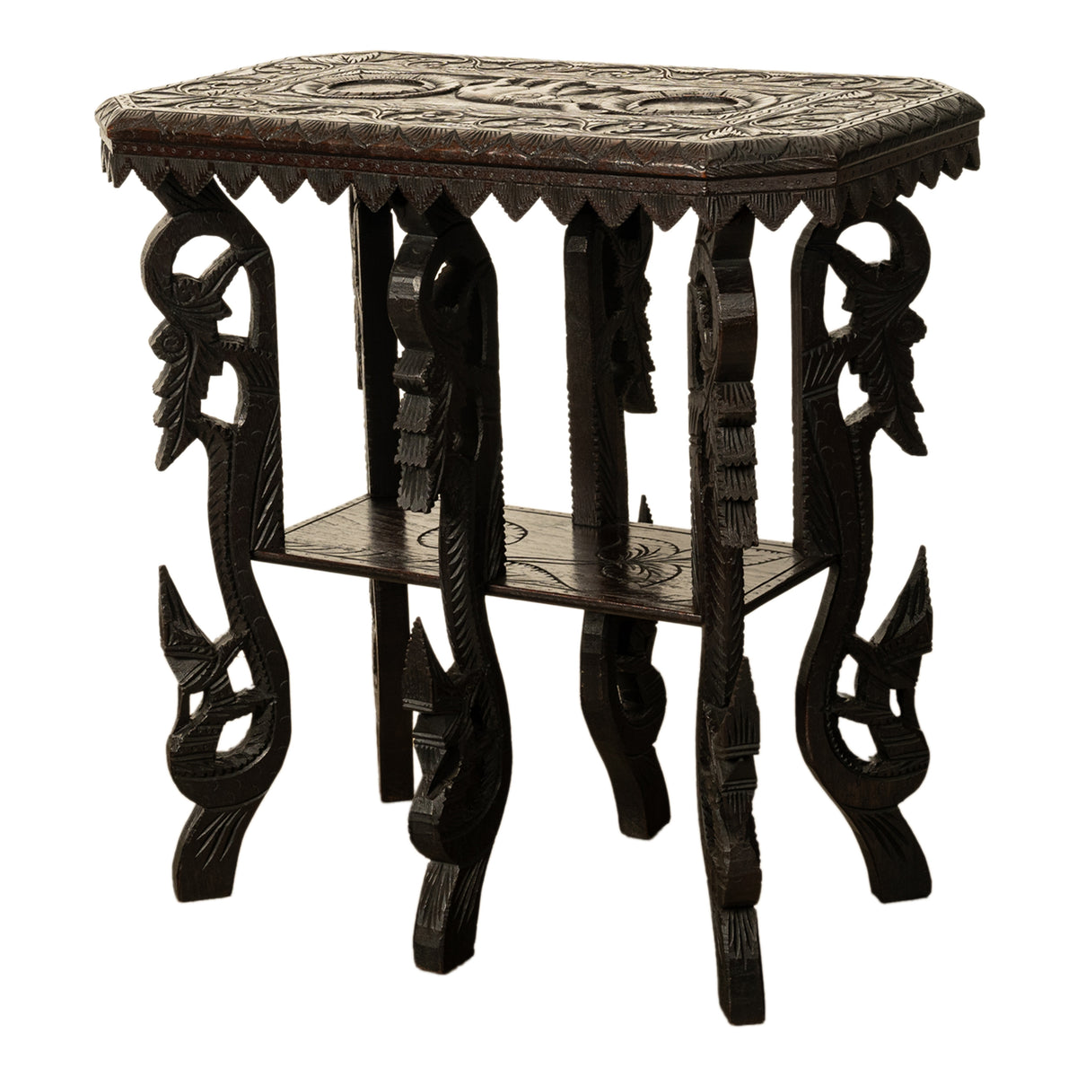 Antique Carved Anglo Indian Teak Wood Elephant Twin Tier Lamp Side Table 1900
