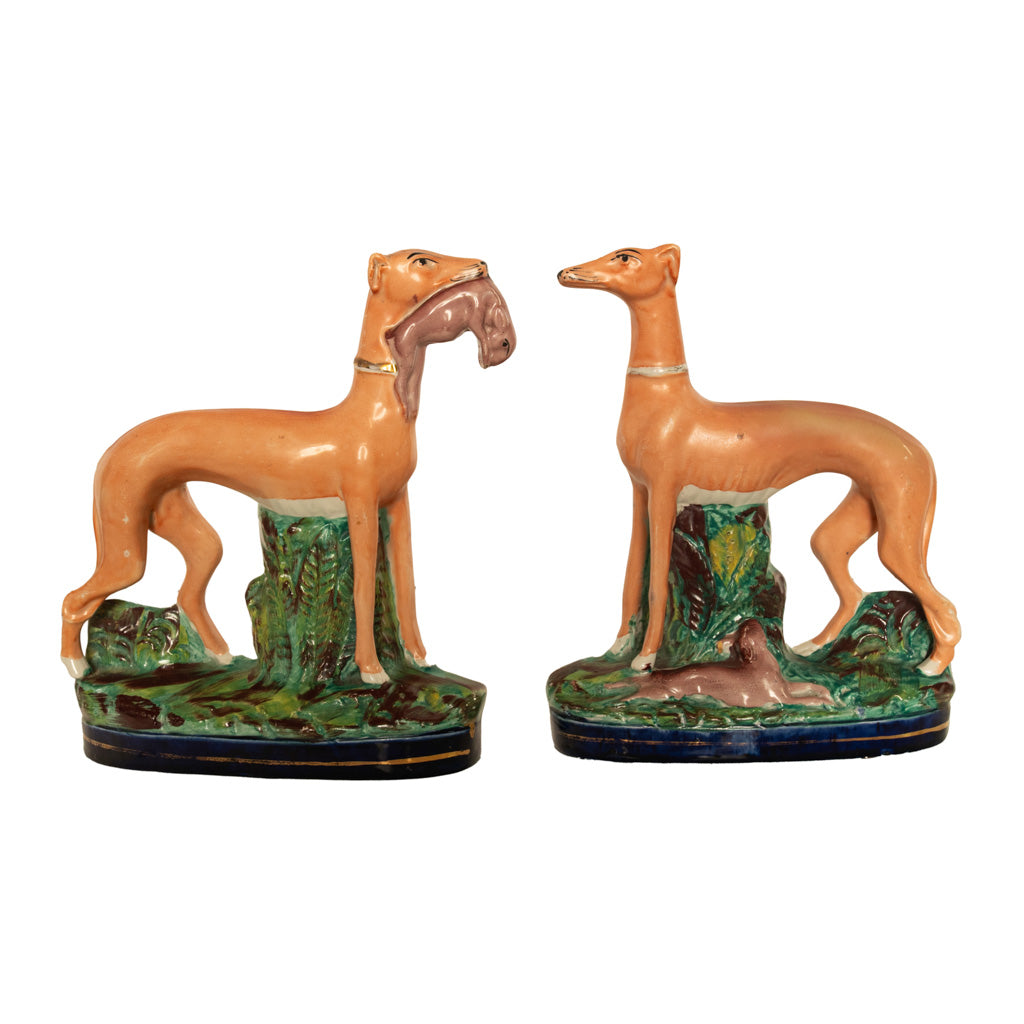 Antique 19thC Pair of Staffordshire Whippets Greyhounds Hunting Dog Figures 1860