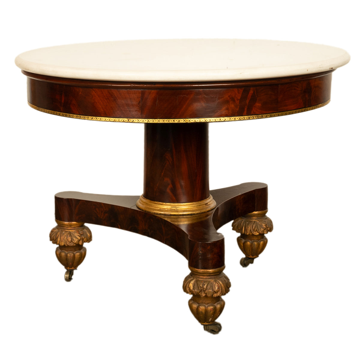 Antique American Classical Mahogany Marble Top Parcel Gilt Round Center Table New York Duncan Phyfe 1825