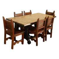 Antique Spanish Colonial Hacienda Walnut Talavera Tile Top Table Six Chairs 1890