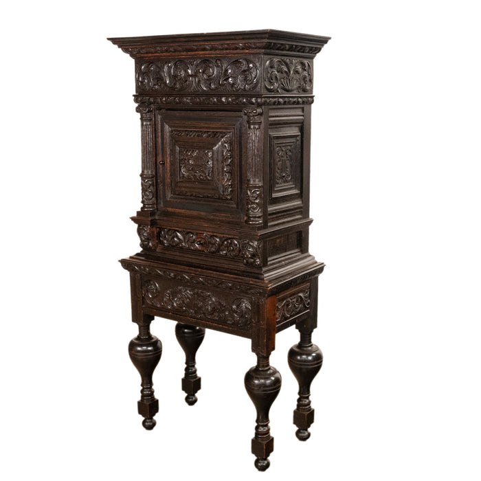 Antique 17th Century Dutch Carved Ebonized Oak Credence Cabinet on Stand 1680