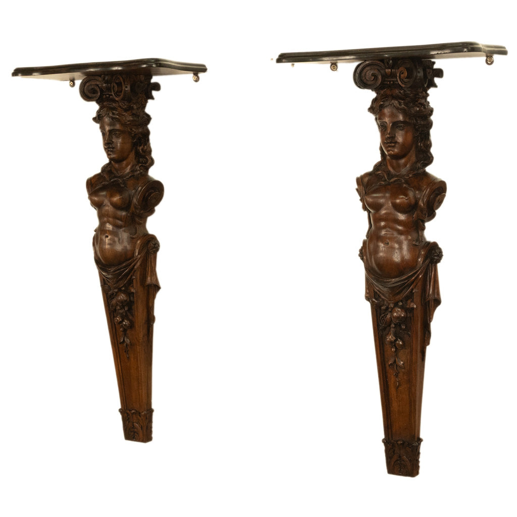 Antique 19thC Italian Carved Walnut Renaissance Revival Pair Caryatid Brackets, Circa 1850