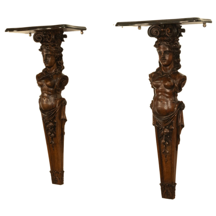 Antique 19thC Italian Carved Walnut Renaissance Revival Pair Caryatid Brackets, Circa 1850