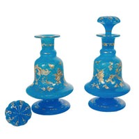 Antique Pair French Blue Opaline Gilded Enamel Glass Perfume Bottles Flacon 1850
