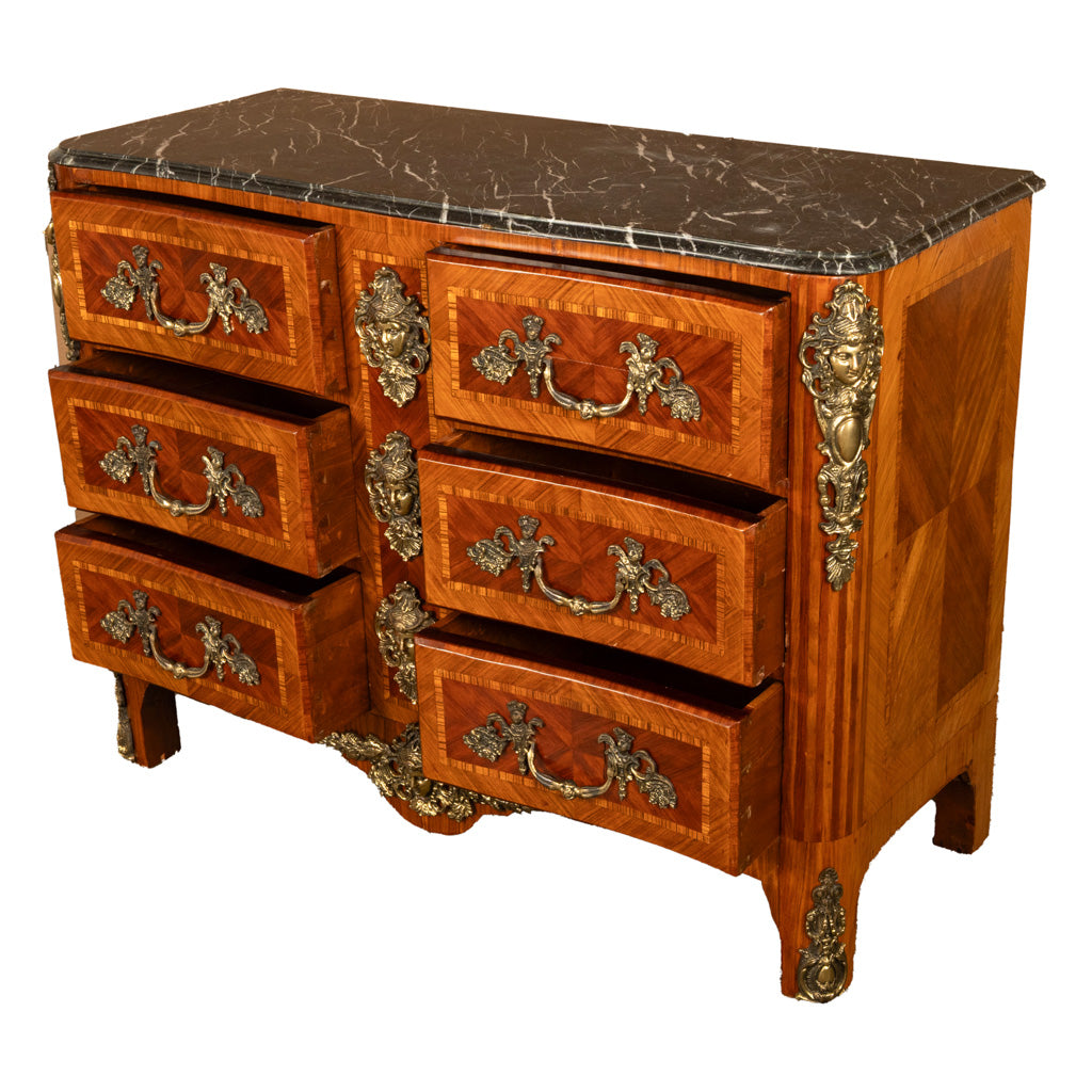 Antique 18thC French Louis XV Ormolu Inlaid Kingwood Marble Commode Chest 1780
