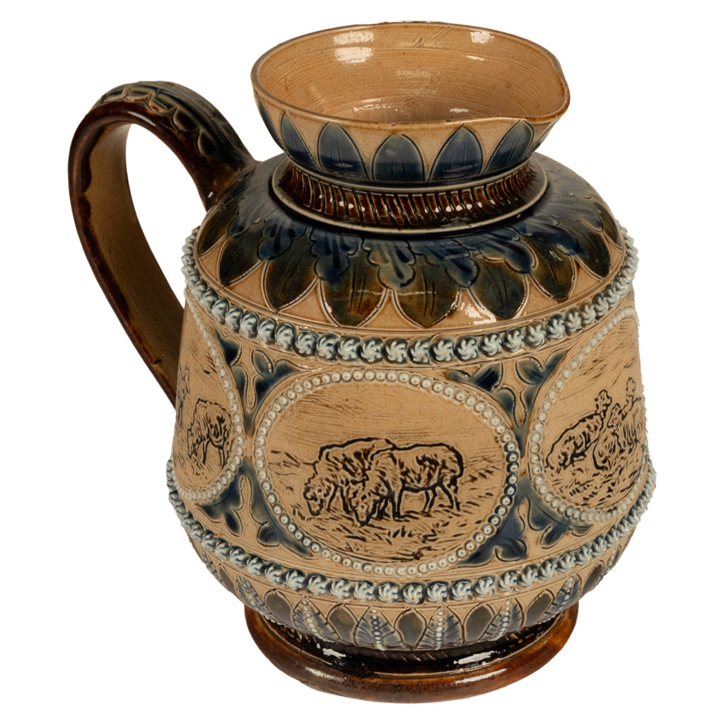 Antique Aesthetic Movement Doulton Lambeth Hannah Barlow Stoneware Jug Sheep, 1873