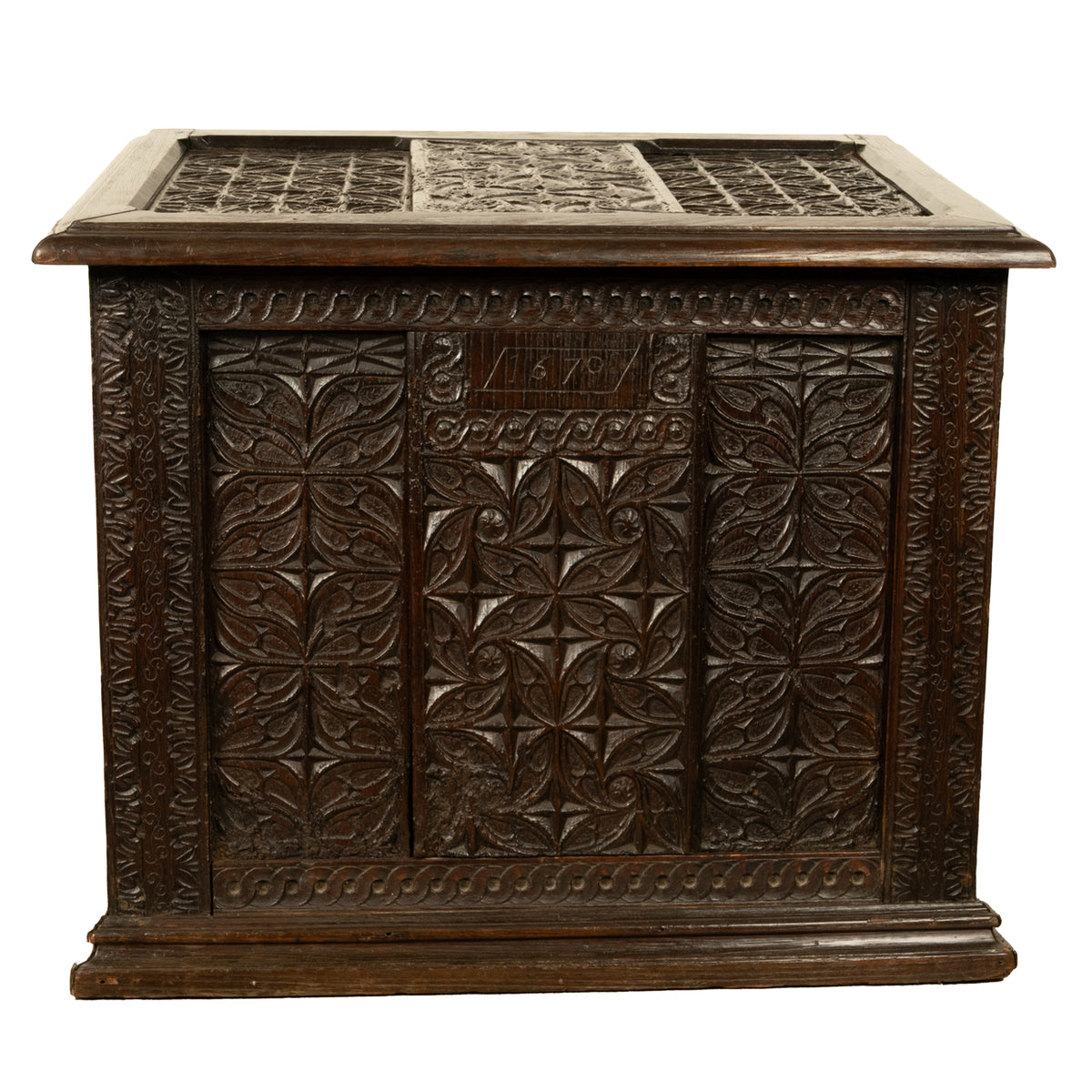 Antique French Medieval Gothic Carved Oak Chest Coffer 17th Century Panels 1679