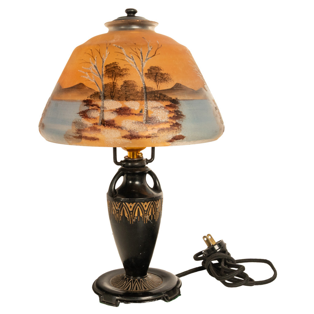 Antique Art Deco Moe Bridges Reverse Painted Landscape Boudoir Table Lamp 1920