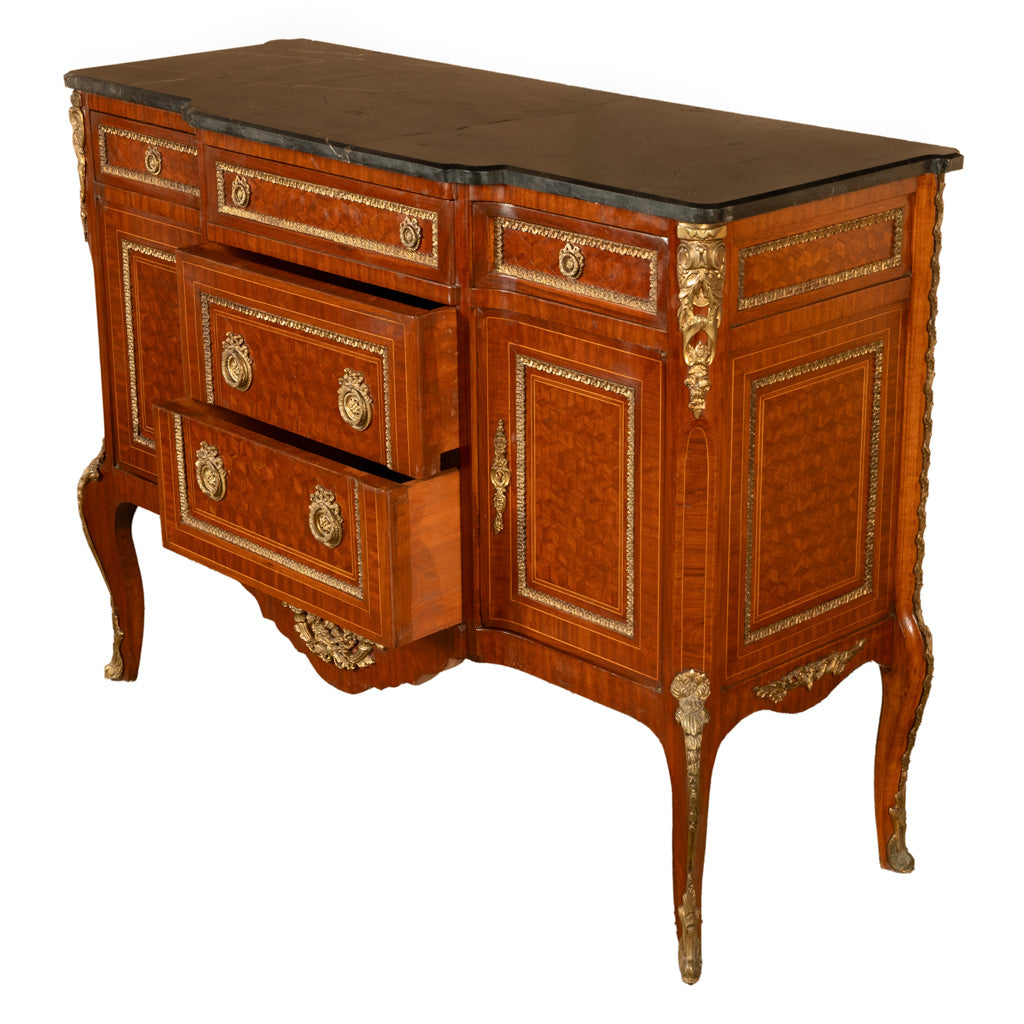 Antique French Parquetry Ormolu Marble Top Louis XVI Commode Chest Drawers 1880