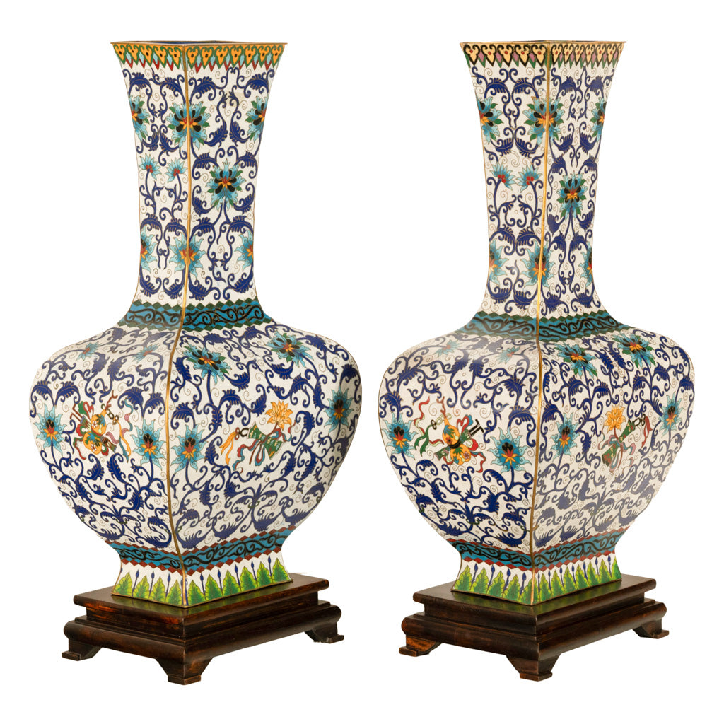 Antique Pair Monumental Chinese Qing Qianlong Period Cloissoné Enamel Vases 1795