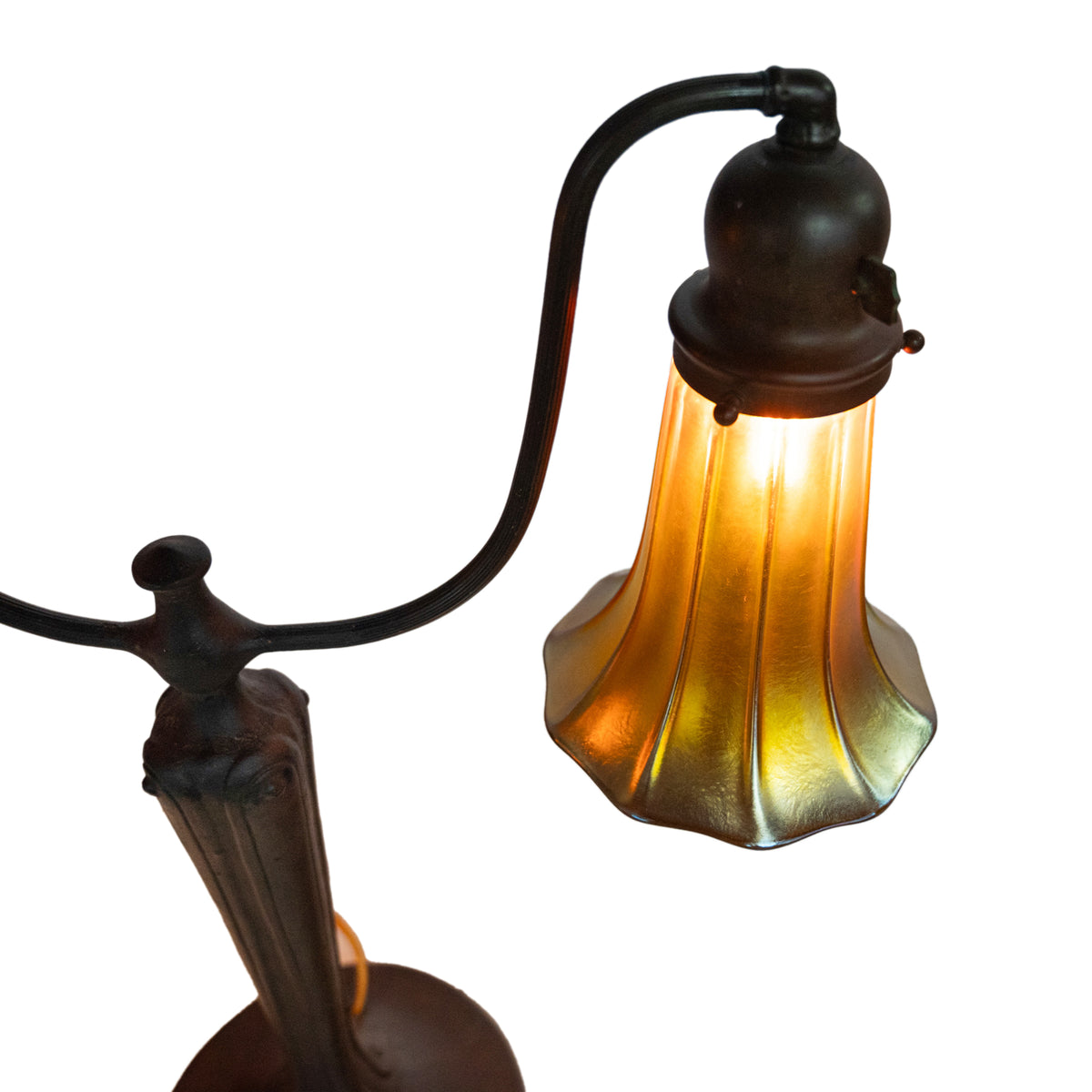 Antique American Art Nouveau Bronze Handel Table Lamp Steuben Aurene Glass Shades Circa 1910