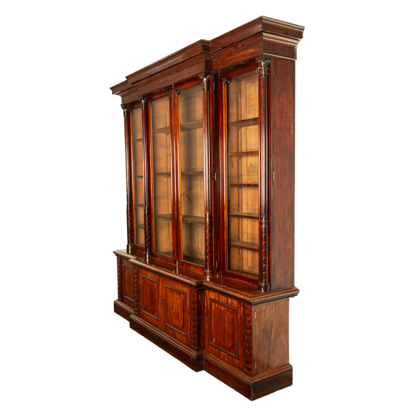 Monumental Antique Irish Carved Mahogany Breakfront Bookcase Bibliotheque 1850