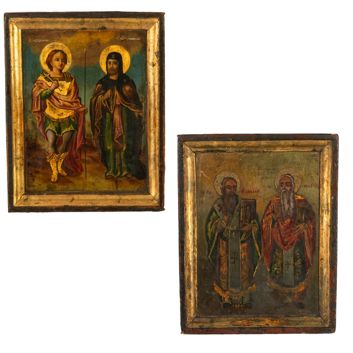 Antique Greek Orthodox Gilded Hand-painted Egg Tempera Double Sided Icon, 1850