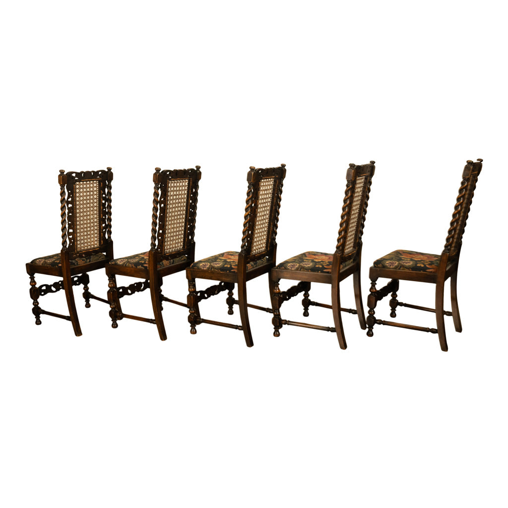 Antique 19thC Set 6 Carved Caned Jacobean Barley Twist Walnut Dining Chairs 1870
