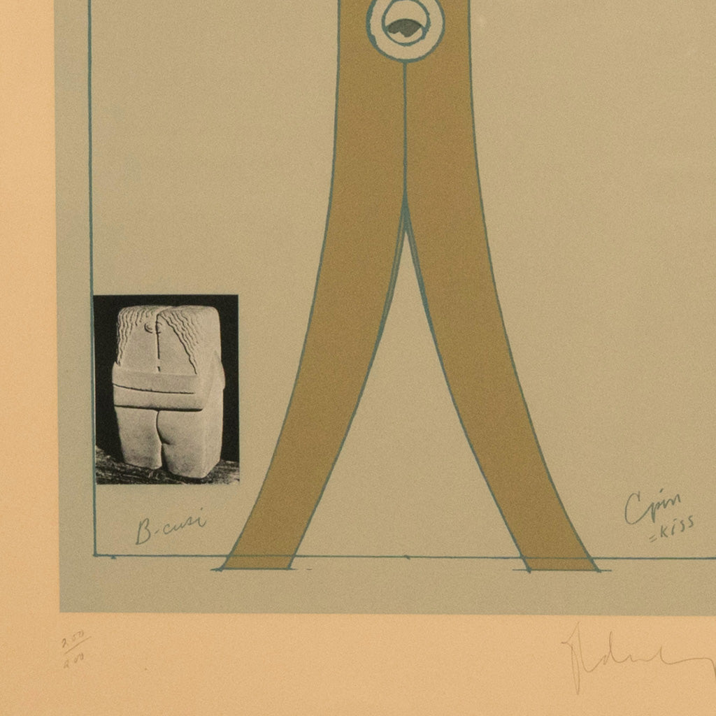 Pop Art Silk Screen Print and Collage "Clothespin Brancusi's Kiss" Philadelphia by Claes Oldenburg, 1972