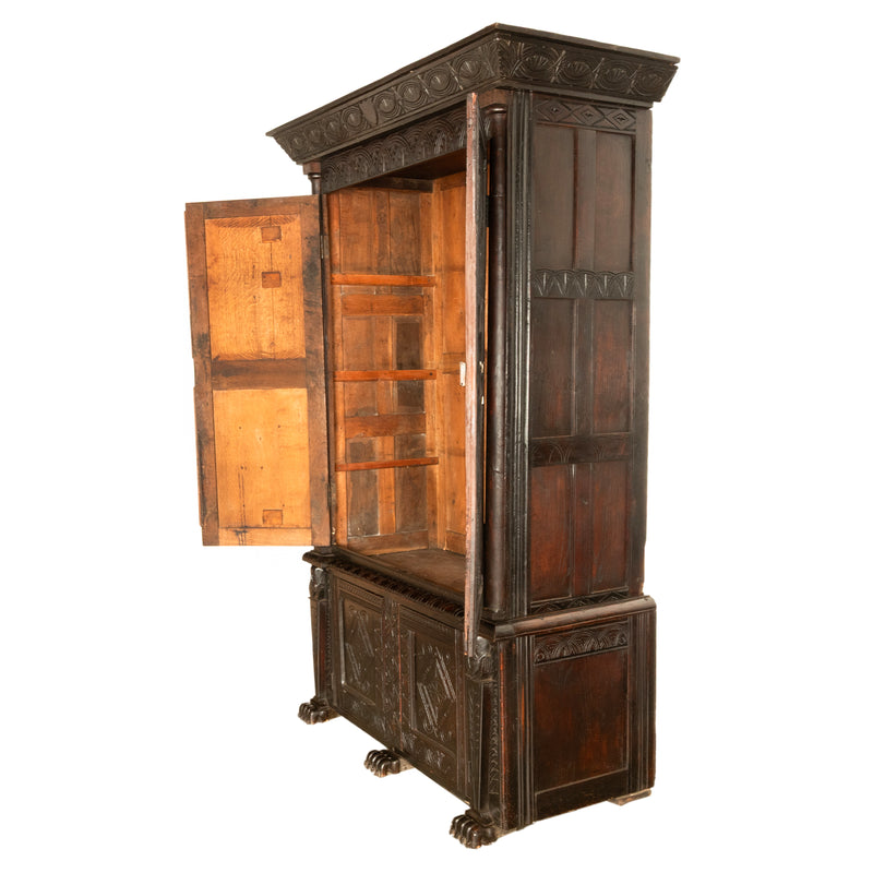 Antique Elizabethan Carved Oak Revival Livery Housekeepers Cupboard Cabinet 1860