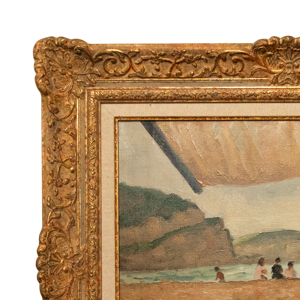 French Oil on Canvas Post Impressionist Portrait Painting Beach Sea Scene Spain by Charles Picart le Doux, 1933