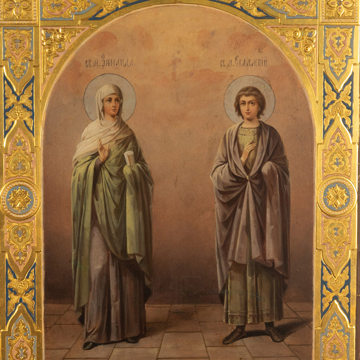 Antique 19th Century Russian Icon Egg Tempera Gilded St. Pelagia St. James 1860